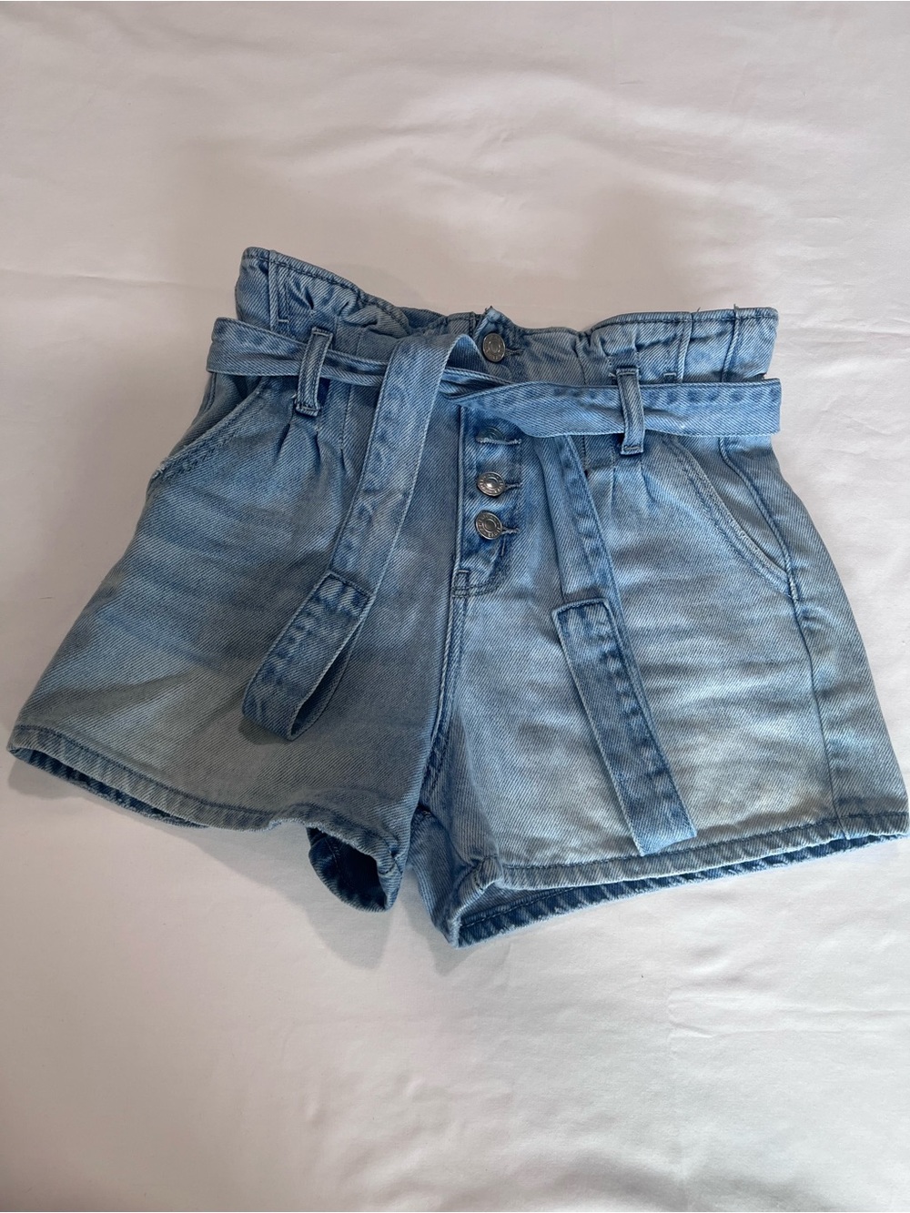 American Eagle Outfitters Light Blue High-Waist Paperbag Denim Shorts with Tie